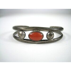 Vintage Silver Cuff Bracelet Coral Red Cabochon 24 grams